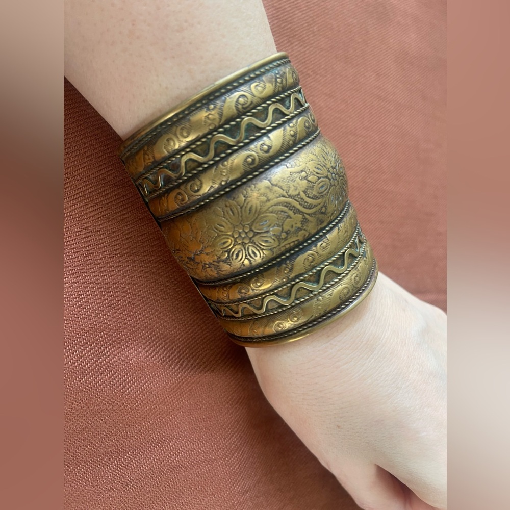 Vintage Brass Tribal Bracelet With Intricate Carvings, Ethnic Moroccan...